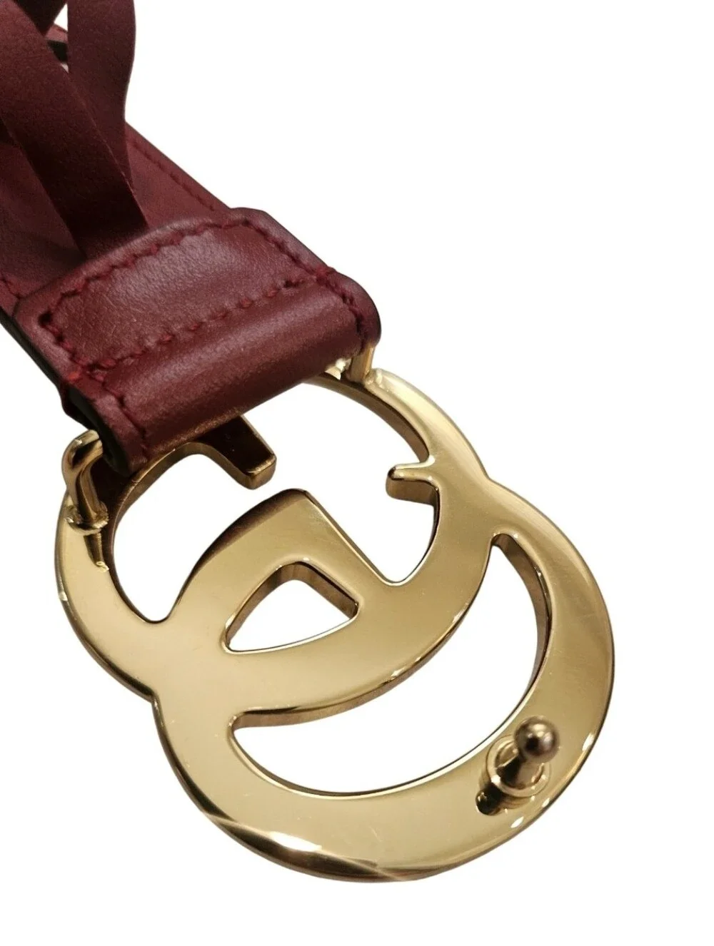 Gucci Rosso Ancora Dark Red Thin GG Marmont Leather Belt Shiny Gold Buckle